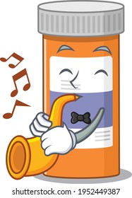 Pills drug bottle musician of cartoon picture playing a trumpet on stage. Vector illustration