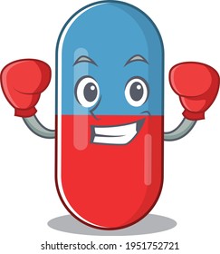 Pills drug Caricature character design as a champion of boxing competition. Vector illustration