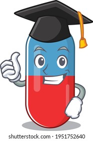 Pills drug caricature picture design with hat for graduation ceremony. Vector illustration