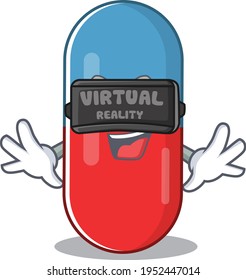 Pills drug cartoon image play a game with Virtual Reality headset. Vector illustration