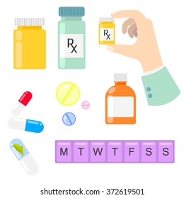 Pills And Drug Medicaments In Flat Style. Pills, Capsules, Bottles And Weekly Pill Container. Medical Recipe Sign.