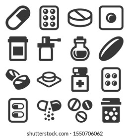 Pills, Drugs and Capsules Icons Set. Vector