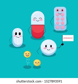 Pills and drugs go to the rescue, the season of colds. Vector graphics