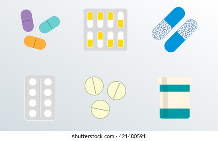 Pills and drugs icon set. Vector medicine pills collection in flat style.