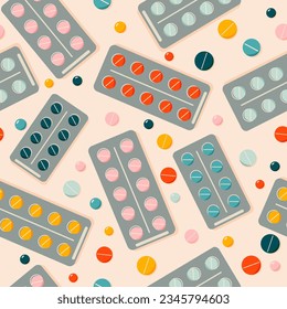 Pills, drugs, vitamins and blister packs colorful seamless pattern. Healthcare, lifestyle and medicine concept. Hand drawn modern vector illustration for web banner, card design. 