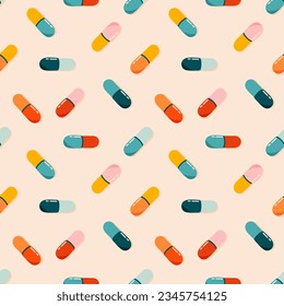 Píldoras, medicamentos, vitaminas coloridas y sin costuras. Salud, estilo de vida y concepto de medicina. Dibujar a mano una ilustración vectorial moderna para banner web, diseño de tarjeta. 