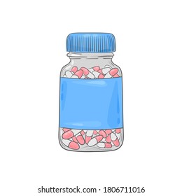 Pills, drugs, vitamins doodles. Pills bottle. Pharmacy medicaments. Medical doodles.