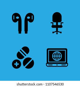 pills, earphones, desk chair and laptop icons vector in sample icon set for web and graphic design
