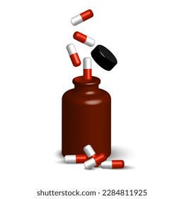 pills fall into bottle. Realistic 3d vector. Vector illustration.
