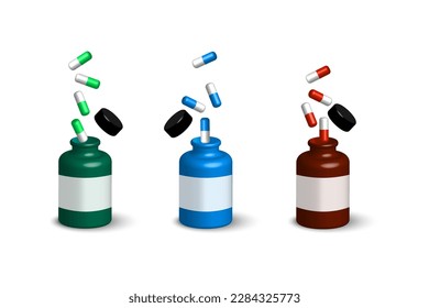 pills fall into bottles. Realistic 3d vector. Vector illustration.