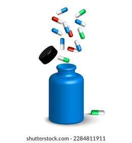 pills fall into bottles. Realistic 3d vector. Vector illustration.