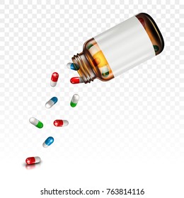 Pills falling from a jar on a transparent background