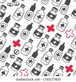 Pills, flasks, medical items, red crosses doodle sketch. Seamless vector pattern with pharmacology and medicine icons, hand drawn doodle sketch.