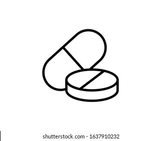 Pills flat icon. Single high quality outline symbol for web design or mobile app.  Pills thin line signs for design logo, visit card, etc. Outline pictogram EPS10