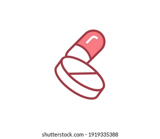 Pillt ein flaches Symbol. Leuchtende Zeichen für Design-Logo, Visitenkarte usw. Einmaliges, qualitativ hochwertiges Umrisssymbol für Webdesign oder mobile App. Medizinisches Rahmenpiktogramm.