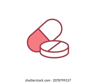 Pills flat icon. Thin line signs for design logo, visit card, etc. Single high-quality outline symbol for web design or mobile app. Medical outline pictogram.