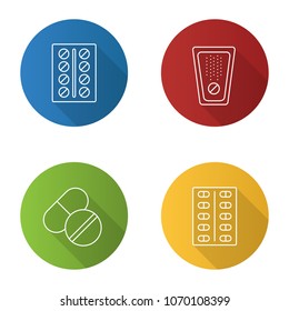Pills flat linear long shadow icons set. Medications. Vector outline illustration