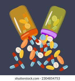 Pills are fly out from the Tins. Colourful pills, drugs, vitamins. Healthcare, coronavirus and medicine concept. Hand-drawn modern vector illustration for web banner, card design.