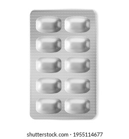 Pills foil blister pack 3d realistic vector illustration. Pharmaceutical mockup isolated on white background