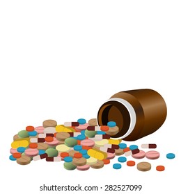  Pills in a glass bottle. Colorful Pills. Vector illustration