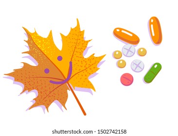 Pills with golden smiling leaf. Seasonal depression and Antidepressants. Allergy cartoon design. Medical concept, Cold season. Flat vector illustration on white isolated background.