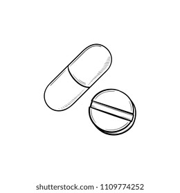 Pills hand drawn outline doodle icon. Tablet and capsule as cure, medicine, drug and pharmacy concept. Vector sketch illustration for print, web, mobile and infographics on white background.