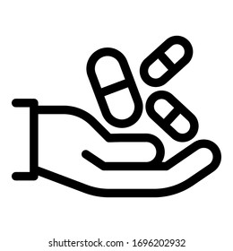 Icono de las pastillas en la mano. Píldoras de contorno en icono de vector manual para el diseño web aislado en fondo blanco
