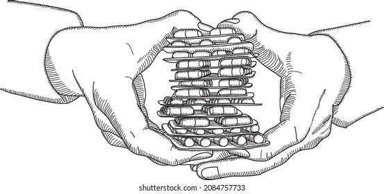 Pills in the hands - sketchy hand-drawn vector illustration. Close up of the packs pills in the hands. Hand-drawn vector drawing.