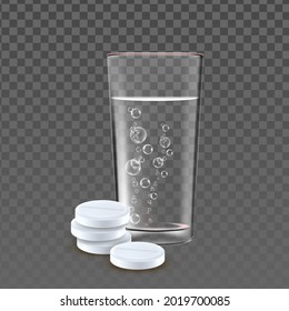 Pills Heap And Glass With Bubble Water Vector. Pharmacy Medicine Treatment Drug Pills And Cup With Natural Healthcare Liquid. Pharmaceutical Therapy Template Realistic 3d Illustration