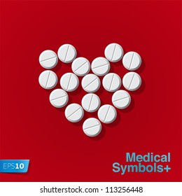 Pills in heart arrange on red background, vector Eps 10 illustration.