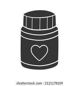 Pills Heart Icon Silhouette Illustration. Health Pain Vector Graphic Pictogram Symbol Clip Art. Doodle Sketch Black Sign.