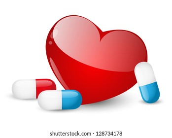 Pills for heart on white background