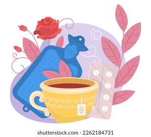 Pills, heating pad, tea first aid for woman having premenstrual syndrome period problem vector illustration. Gynecology, healthcare and hygiene concept