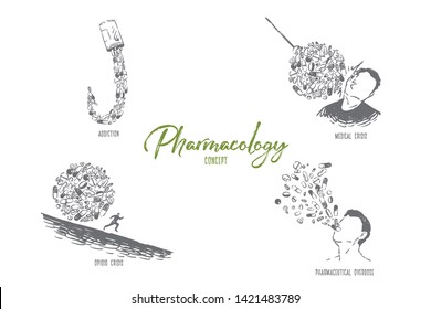 Pills in hook shape, patient hit by medicaments, man running from tablets, drug abuse, pharmacy banner. Addiction, overdose, medical and opioid crisis concept sketch. Hand drawn vector illustration