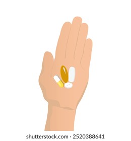 Pills In Human Hand, Top View, Isolated On White Background. Flat Vector Illustration