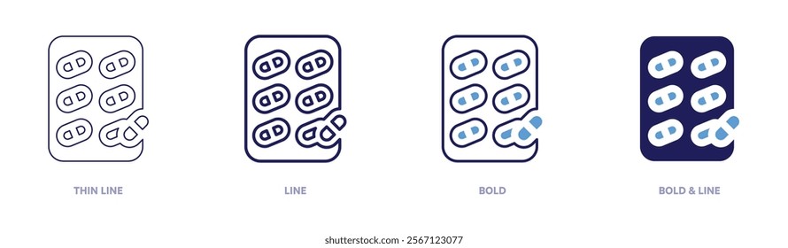 Pills icon in 4 different styles. Thin Line, Line, Bold, and Bold Line. Duotone style. Editable stroke.