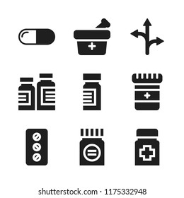 pills icon. 9 pills vector icons set. medicine, three grouped arrows and pill icons for web and design about pills theme