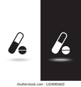 Pills icon in the air with shadow. With set of health (pills) icons - pills box, tablets, pill, blister, syringe, liquid medicine.