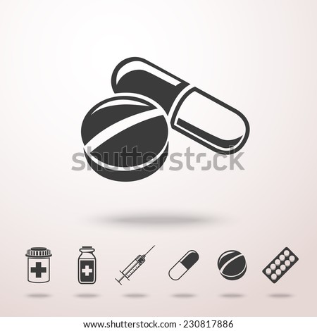 Pills icon in the air with shadow. With set of health (pills) icons - pills box, tablets, pill, blister, syringe, liquid medicine.