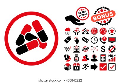 Pills icon with bonus pictogram. Vector illustration style is flat iconic bicolor symbols, intensive red and black colors, white background.