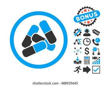 Pills icon with bonus pictures. Vector illustration style is flat iconic bicolor symbols, blue and gray colors, white background.