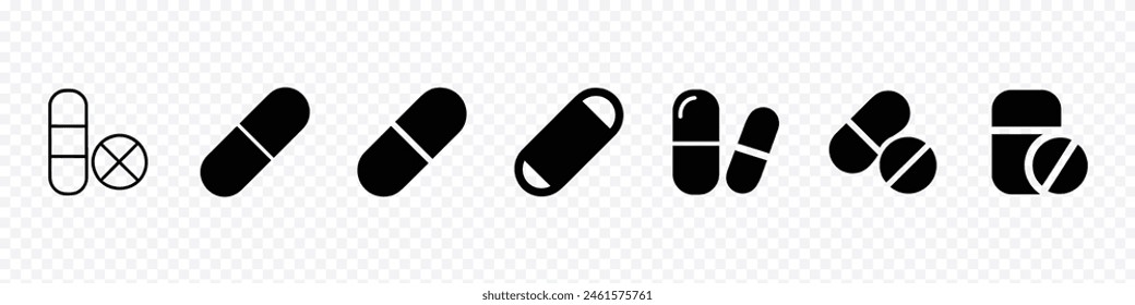 Pills icon, capsule icon. Drug sign and symbol, medical pills and bottles icons set, medicine icons, medicament icon set. Pills and capsules icon set, Drugstore. Medicine bottle and pills.