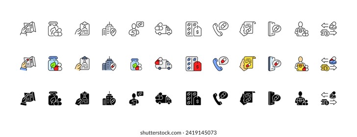 Pills icon collection. Pills buttons. Linear, flat and silhouette style. Vector icons