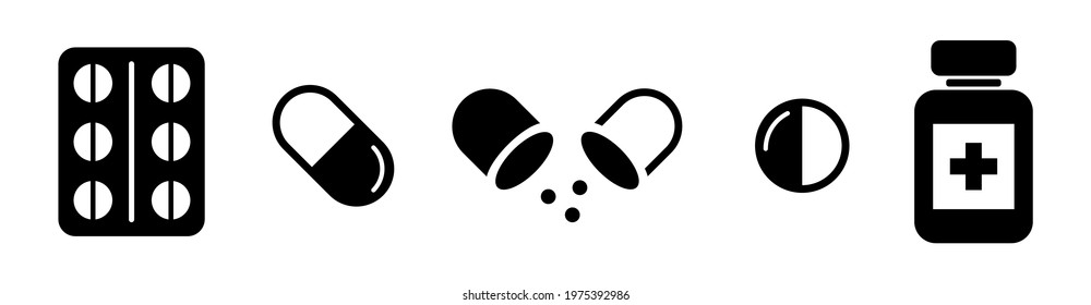 Pills icon collection. Pharmacy medicament. Medical tablet and bottles isolated on white background. Vector illustration.