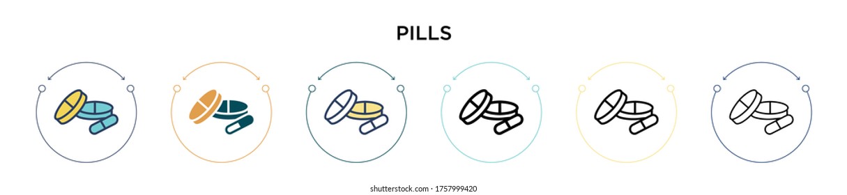 Pills icon in filled, thin line, outline and stroke style. Vector illustration of two colored and black pills vector icons designs can be used for mobile, ui, web