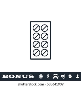 Pills icon flat. Black pictogram on white background. Vector illustration symbol and bonus button