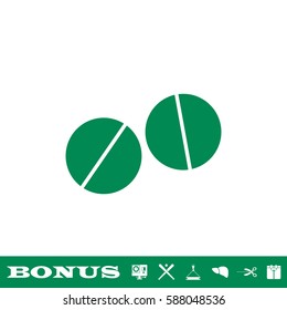 Pills icon flat. Green pictogram on white background. Vector illustration symbol and bonus button