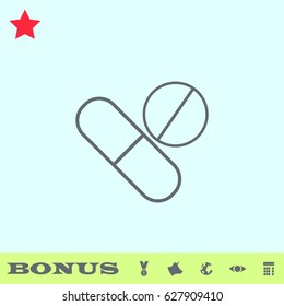 Pills icon flat. Grey pictogram on blue background. Vector illustration symbol and bonus buttons medal, cow, earth, eye, calculator