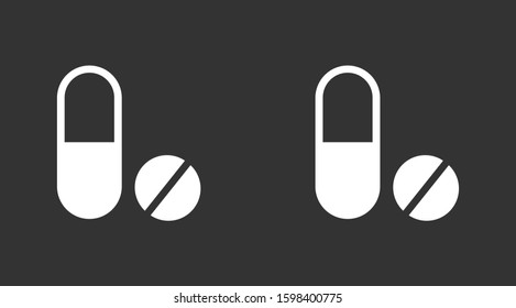 Pills icon flat Illustration isolated vector sign symbol. Pills icon in trendy flat style isolated on background. Pills bottle and pills icon. Black and white