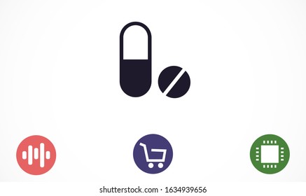 Pills icon flat Illustration isolated vector sign symbol. Pills icon in trendy flat style isolated on background. Pills bottle and pills icon. Black and white